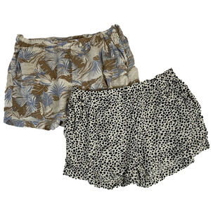 Aerie Womens M Short Shorts X2 Elastic Waist Black Spots Palm Leaves Brown Blue